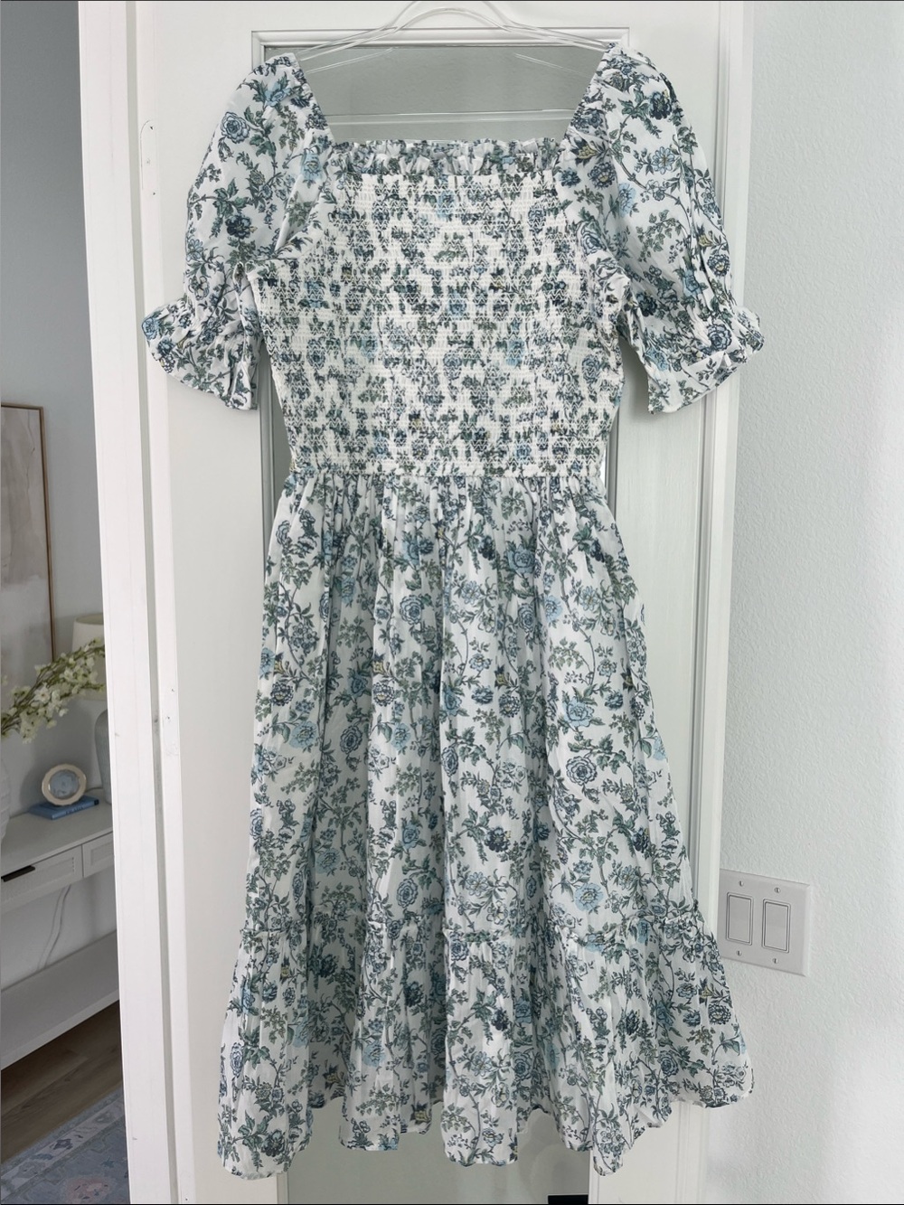 Ivy City Co Valencia Dress-Smocked Floral Midi Dress in Soft Blue-Green— NWT